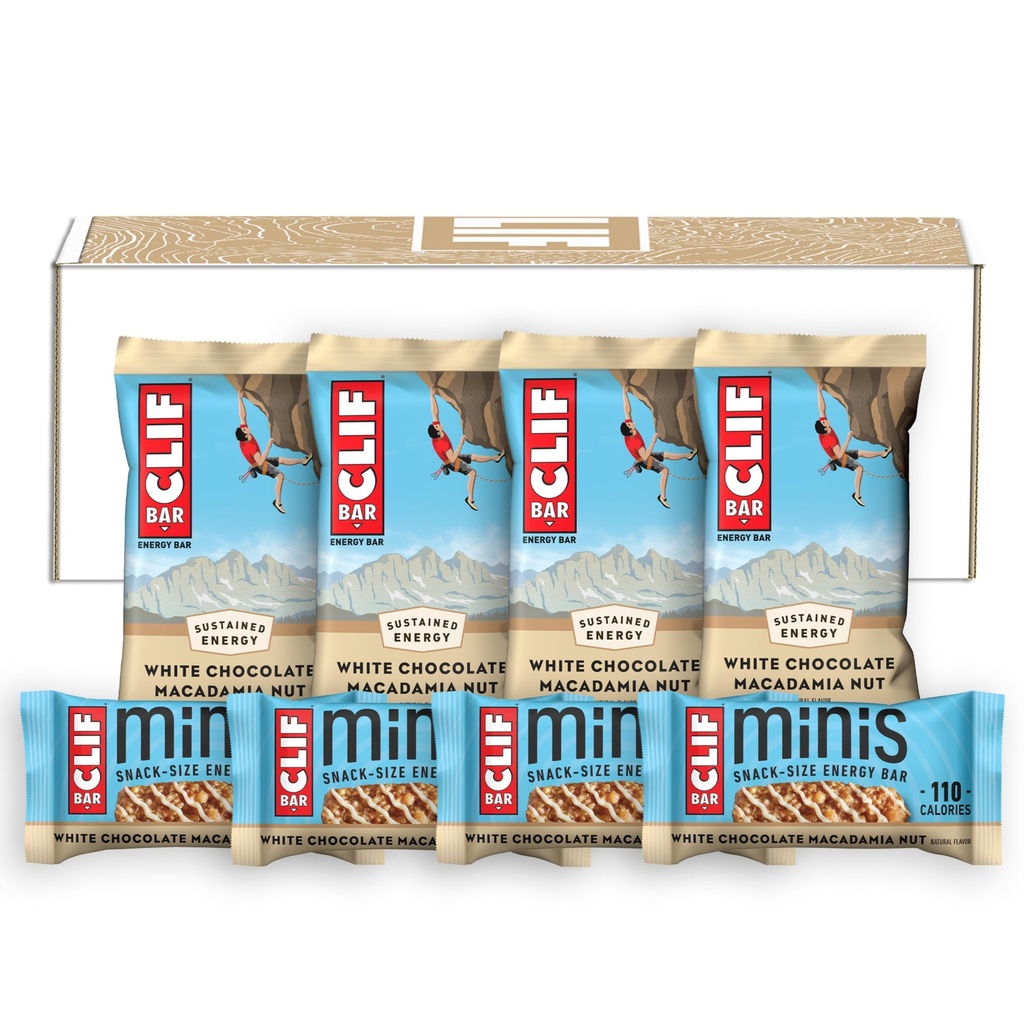 CLIF BAR-White Chocolate Macadamia Nut Flavor - Ukuran Penuh dan Mini Energy Bars - Dibuat dengan Oats Organik - Non-GMO - Tanaman Based - 2.4 oz. dan 0.99 oz. (20 Count)