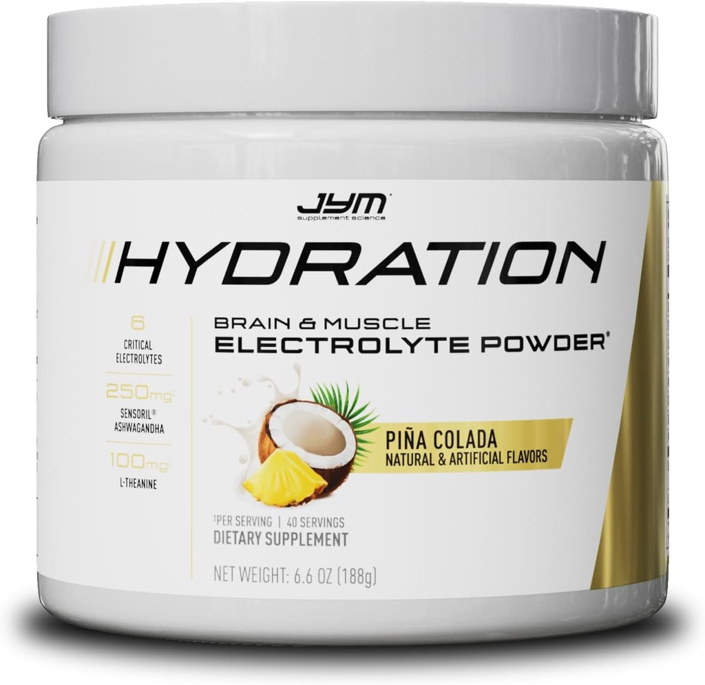 Towder JYM Hidration Pina Colada, Performance Electrolytes, Potasium, Sodium, Magnesium, untuk Pria & Women, Theanine, Ashwaganda, Theanine, 40 Servings