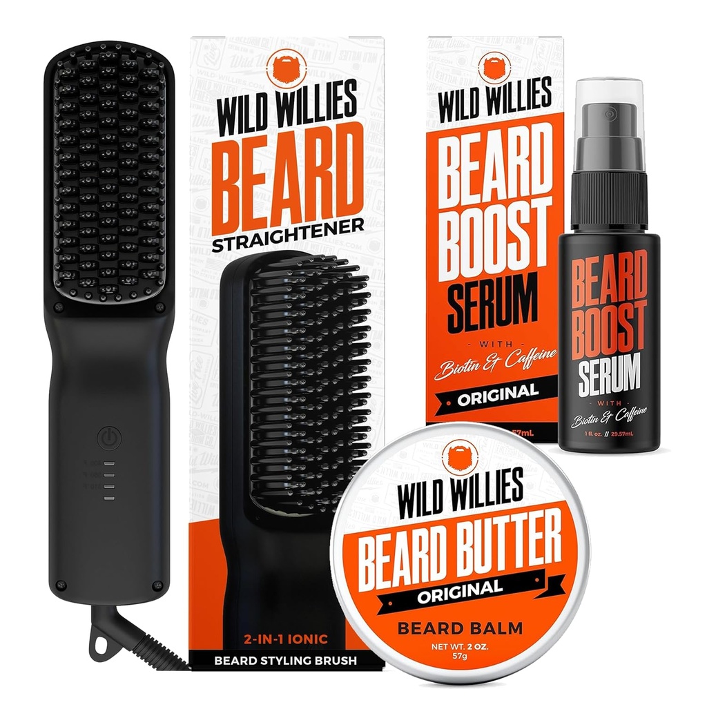 Wild Willies Care Kit: Heated Beard Straightener for Men, Beard Butter, & Beard Growth Serum - Ultimate Grooming Tool Set, Beard Balm, Hydrating Serum, Hot Comb Brush for Daily Use