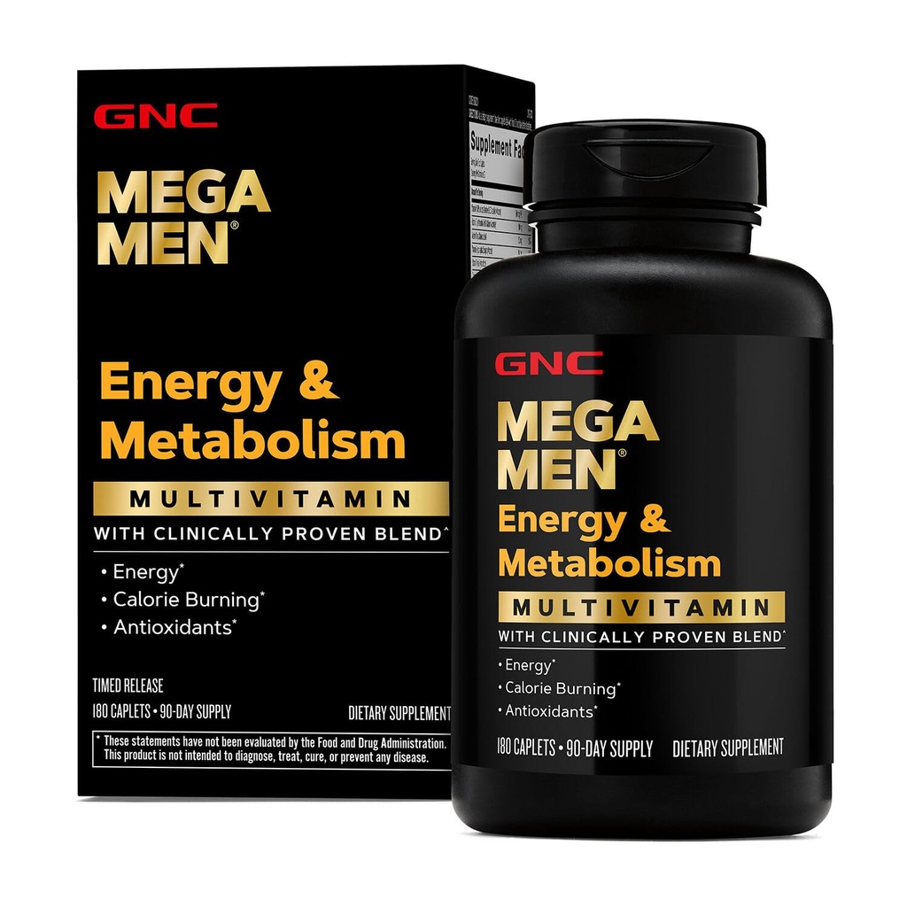GNC Mega Men Energy & Metabolism Multivitamin Caplets, Clinically Proven To Feel Better, Calorie Burn, Focus, 100mg Caffeine, Thermogenic, Imune, B Vitamin, Timed Rilis, 180 Count, 90 Hari Supply