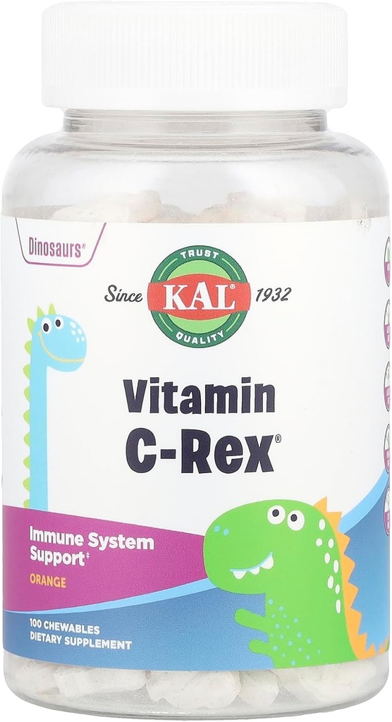 KAL C-Rex Chewable Vitamin C untuk Kids, Suplemen Dukungan Imune dengan Bioflavonoid dari Rose HIPS, Rutin & Acerola, Orange Tasty, Fraktosa Bebas, Tablet Chewable