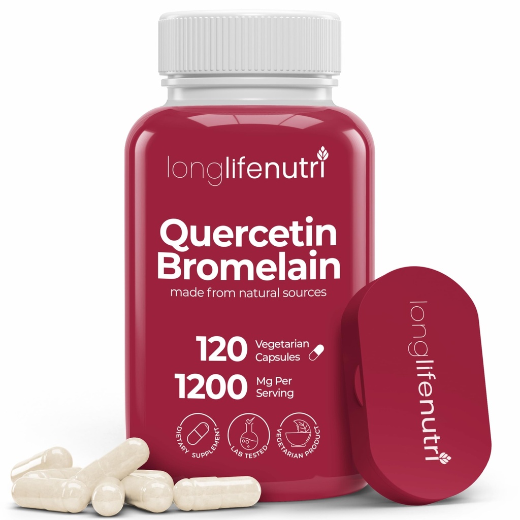 LongLifeNutri Quercetin 100mg dengan Bromelain 200mg - 120 Vegetarian Capsules, Organic Dihydrate Complex untuk Gabungan Mobility & Repiratory Balance, 2-Bulan Supply, GMP Bersertifikat, Dibuat di USA