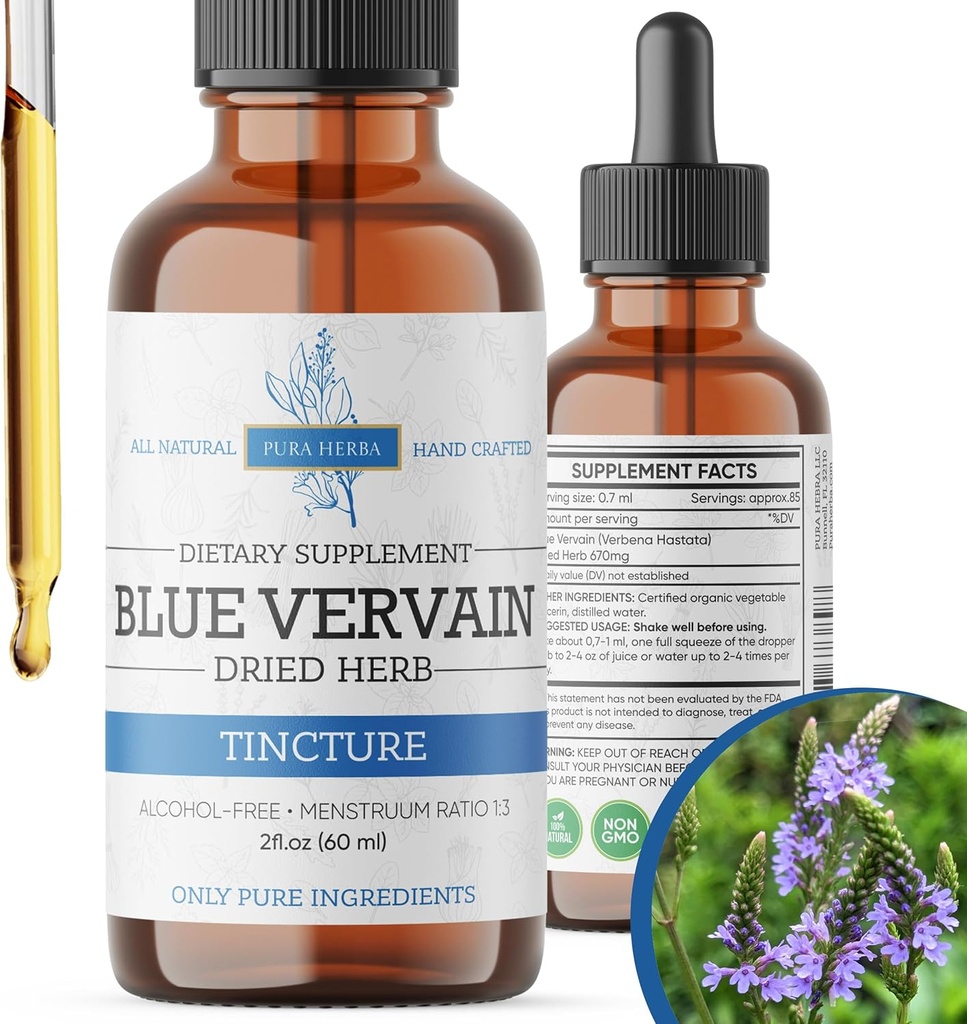 Vervain Herb Biru Organik, Vervain Biru Pengaruh, Alkohol Bebas, Vegan - 2 Fl Oz