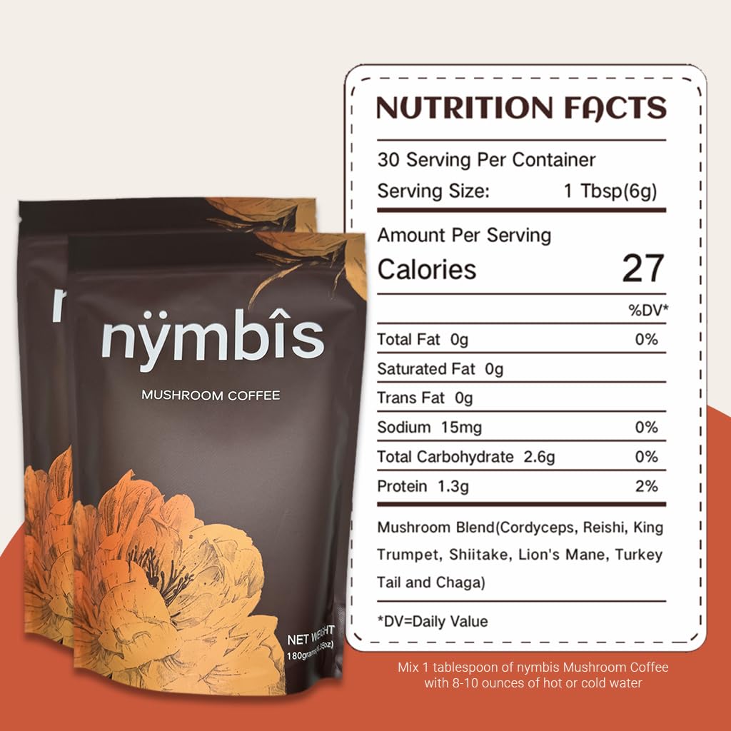 Kopi Nymbis Jamur 124; Kopi tanah dengan 7-Jamur Blend (Kordyceps, Singa Mane, Reishi, Chaga, Maitake, Shiitake, Turkey Tail)