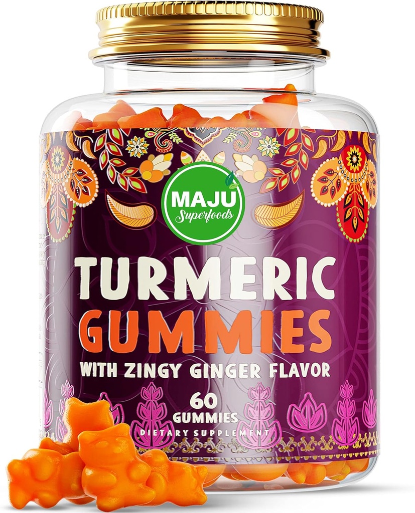 Super Foods Superfood Curcumin Gummies 60ct, Zingy Ginger Taste, Black Pepper Extract for Enhanced Absorpsi and Potensi, Turmeric Gummies for Dewata and Kid