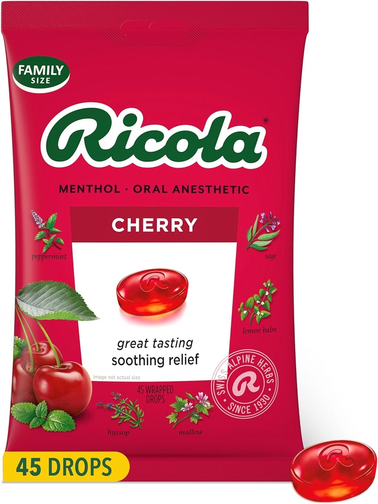 Ricola Cherry Throat Drops, 45 Count, Daily Drops For Delicious Throat Refreshment, Oral Anestetic, Alamiah Flavored