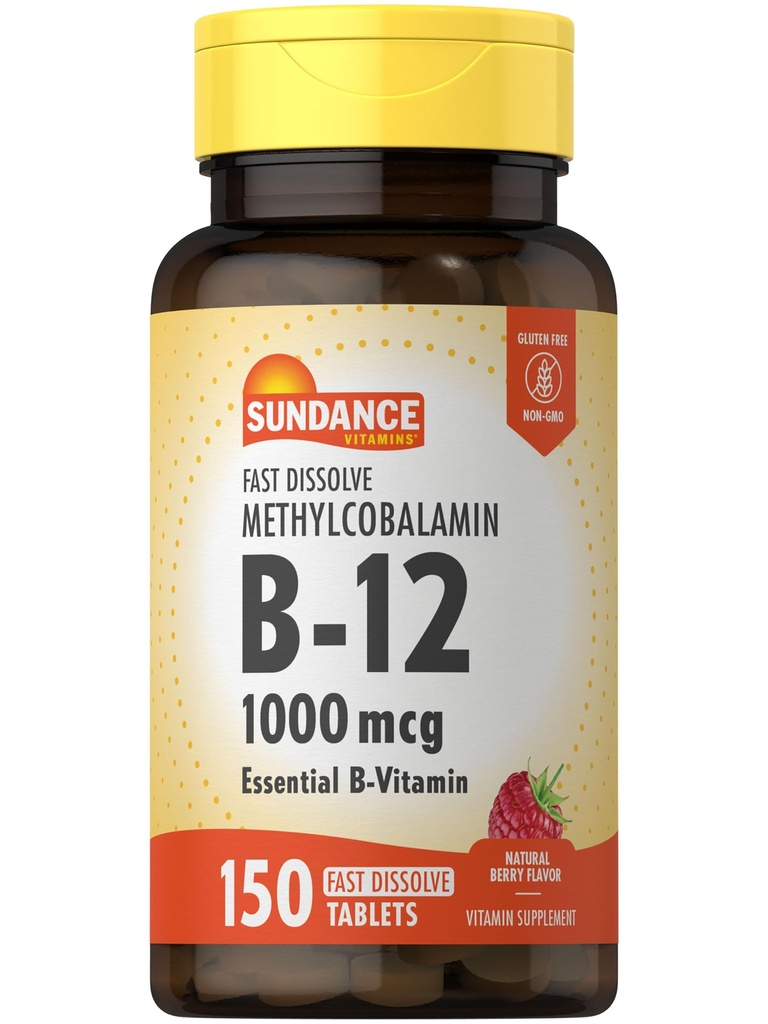 Sundance B-12 Methylcobalamin 1.000 mcg 124; 150 Fast Dissolve Tablet; Natural Berry Flavor 124; Vegetarian, Non-GMO, dan Gluten Free Essivenin Suplemen