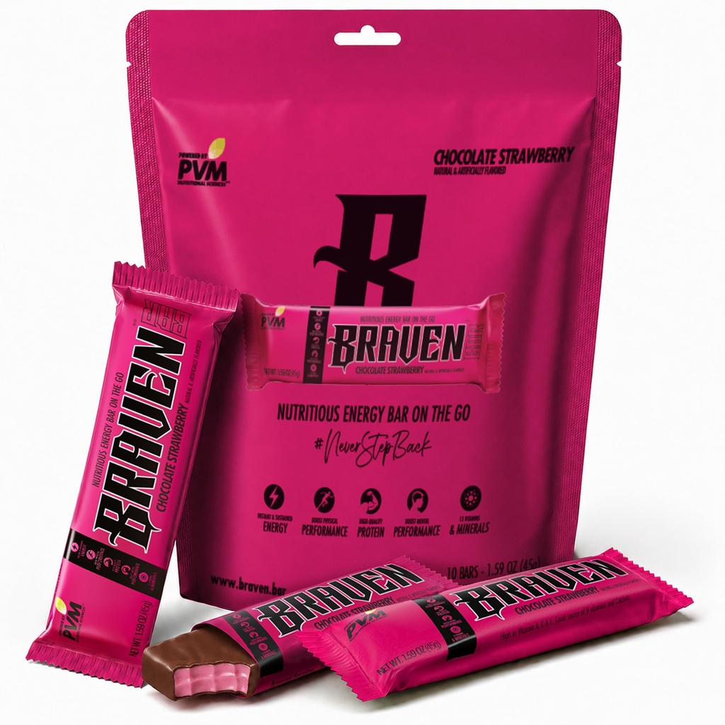 Braven Bar Chocolate Strawberry Energy Bars (1.59 oz, Pack of 10) - Energy Chews with 5g Protein - OntheGo Energy Snacks for Running, Hiking, and Sports - Gluten Free Snacks for Substayed Energy Boost