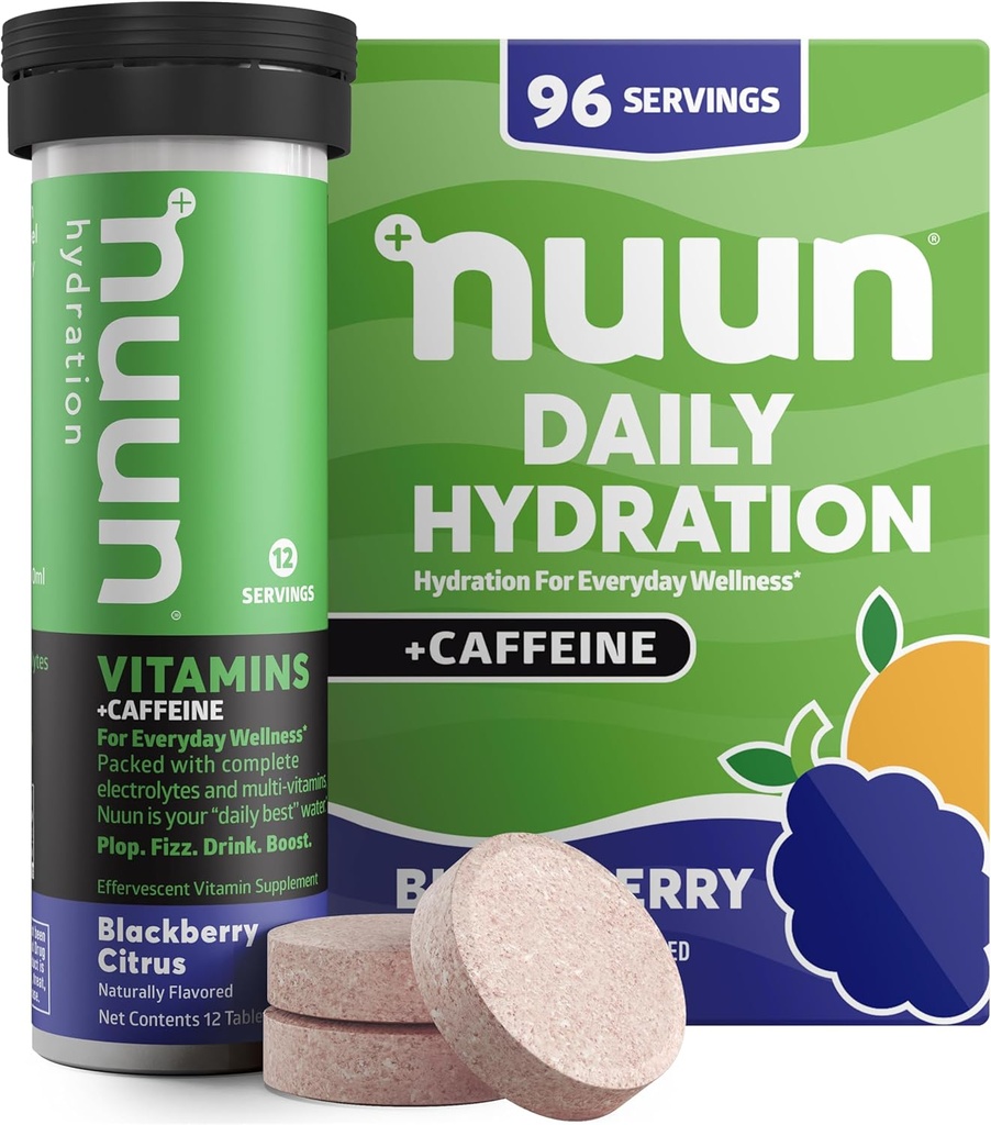Nuun Vitamin + Caffeine Electrolite Tablet Electrolite dengan Vitamin D, C, E, A, & B6, Folic Acid, Magnesium & 4 Estrolite Electrolite lainnya, Gluten Free & Vegan, Blackberry Citrus, 8 Pack (96 Servis Total)