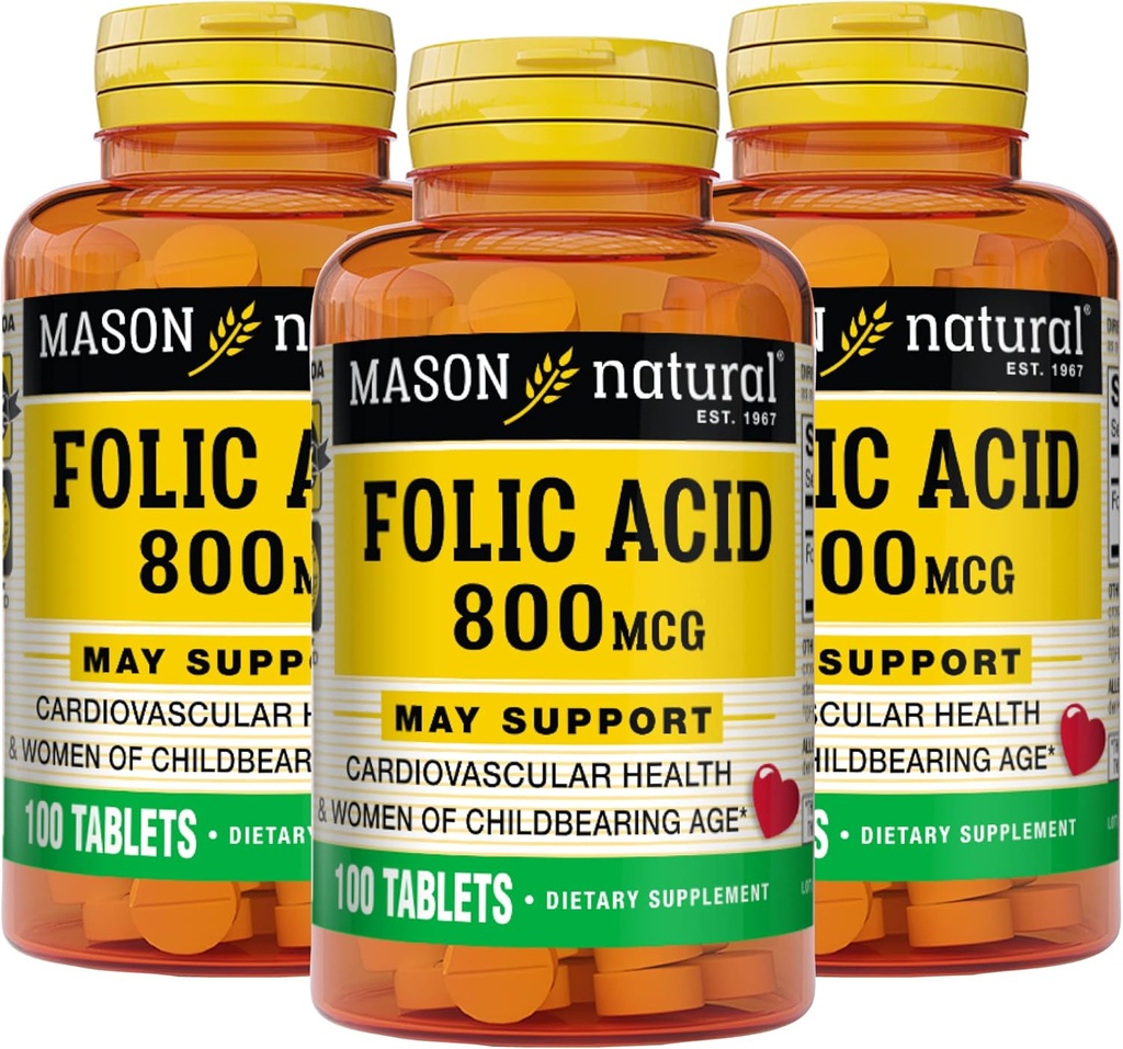 Maston Natural Folic Acid 800 mcg - Membantu Fungsi Sistem Gugup, Tambahan Harian untuk Kesehatan, Mood dan Prenatal, untuk Perempuan Masa Anak, 100 Tablet (Paket 3)