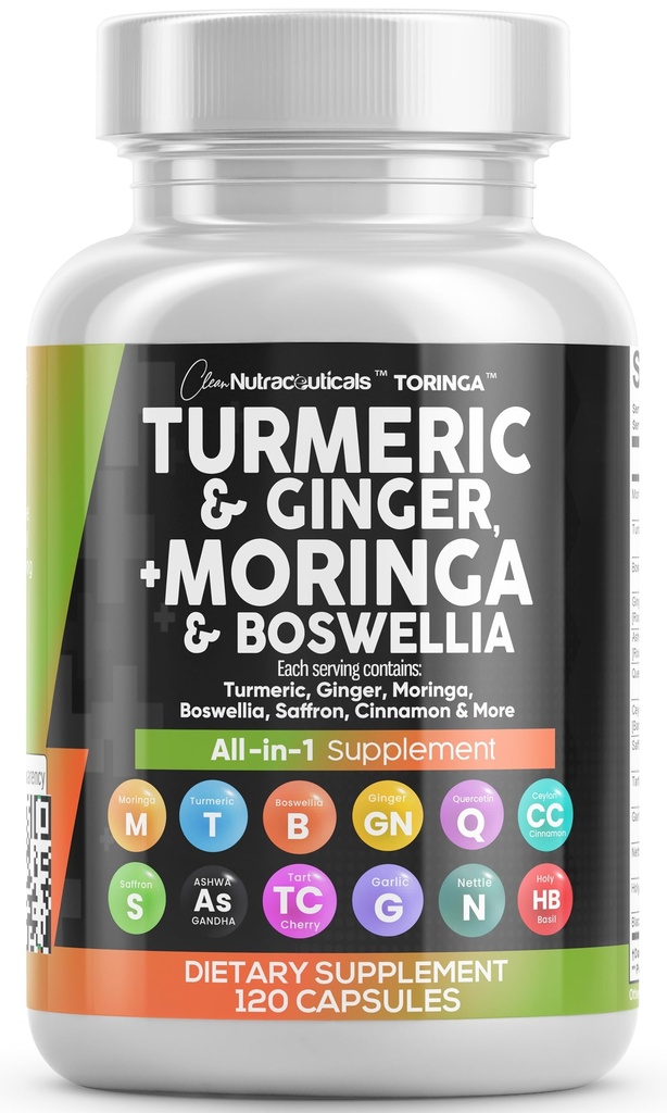 Bersihkan Nutraceuticals Turmeric Moringa Tambahan: 124; Ginger Boswellia Saffron - Tambahan untuk Perempuan dan Pria dengan Cinnamon Ceylon, Tart Cherry, Quercetin Garlic Nettle Holy Basil - 1Pack