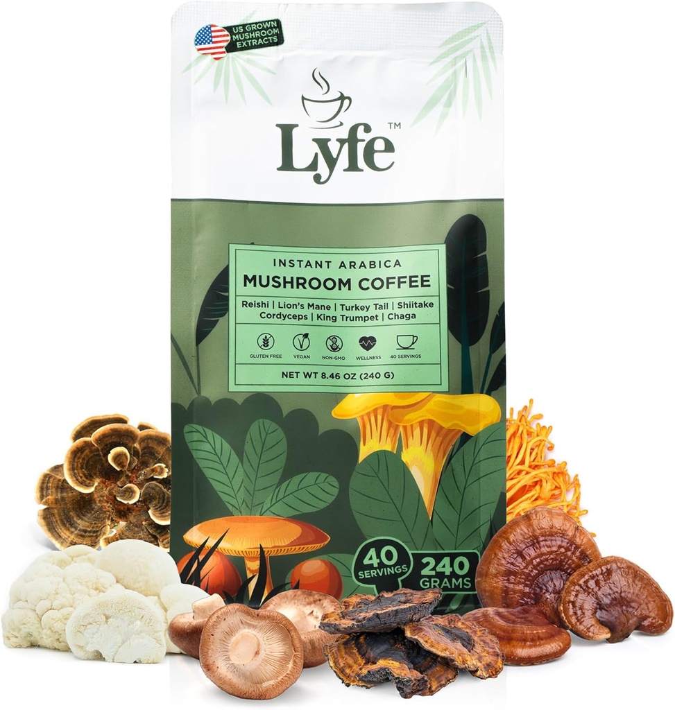 LYFE Organik Kopi Mushroom Instant - Mane Singa, Chaga, Cordyceps, Turkey Tail 124; Amerika Serikat tumbuh Jamur Adaptogenik untuk Energi Lebih Baik, Fokus, Gut Kesehatan, Kekebasan - 40 Hamba