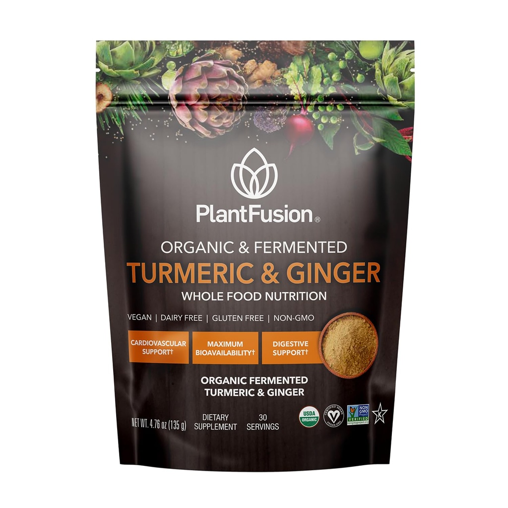 PlantFusion Turmeric dan Ginger Drink Mix - Fermentasi Whole Food Nutrition, Herbal Suplement Powder with Curcuminoid - USDA Certifikasi Organik, Non-GMO, Vegan, Gluten- Bebas, 4.76 oz 30 Hamba