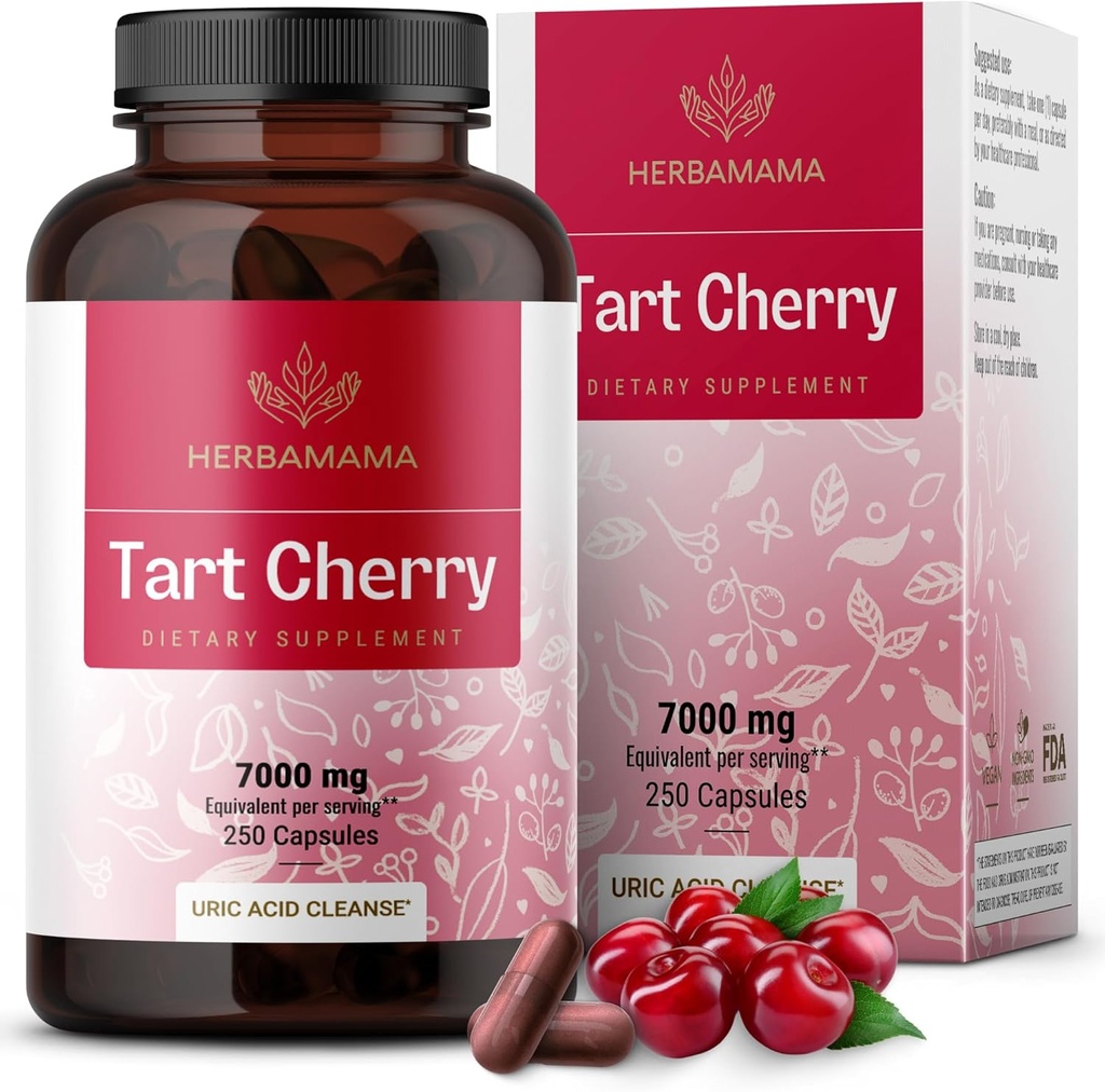 HERBAMAMA Tart Cherry Extract Capsules - Ekstrak Cery untuk Dukungan Acid Uric - Vegan, Suplemen Antioksidan Non- GMO