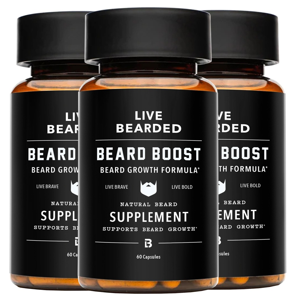 Live Bearded Beard Boost - Beard Growth Vitamin for Men with Biotin, Collagen, Silica, Fo- Ti Root - Facal Growth for Men, Made in The USA 124; 90- Day Supppply