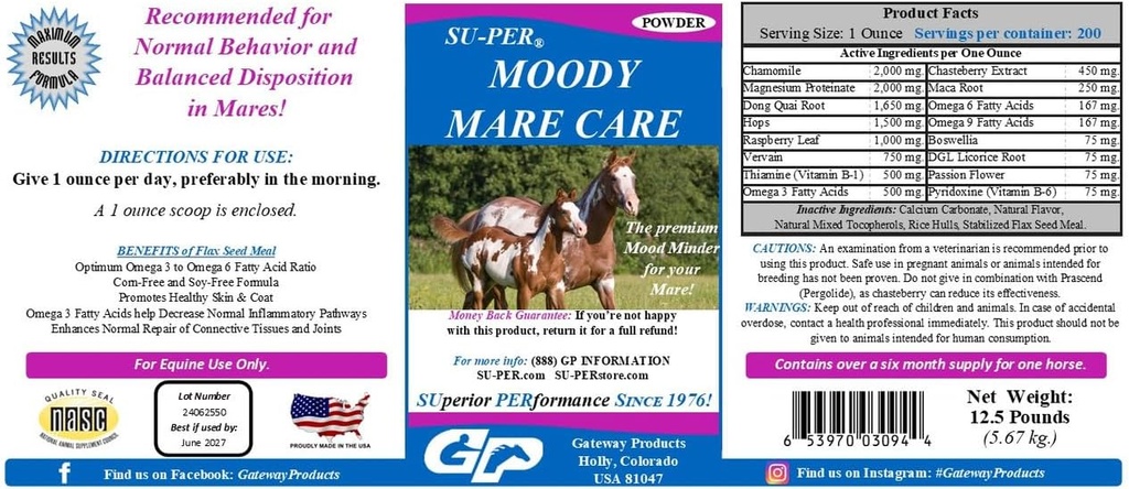 Su- PER Moody Mead Care Powder - Herbal Equine Horse Suplement with Chasteberry & Maca Root - 12.5 lbs
