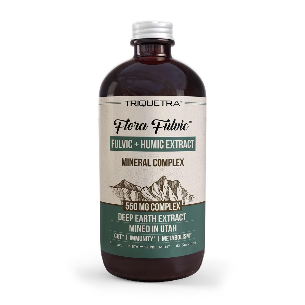 Flora Fulvic 124; Fulvic Acid + Humic Acid Complex - 550 mg 124; Mained in Utah, Prehistoric Deep Earth Extract 126; Imuniance, Gut, Dibuffic - Natural Trace Mineral Complex, Fulvic Acid Suplemen - 8 flf oz.