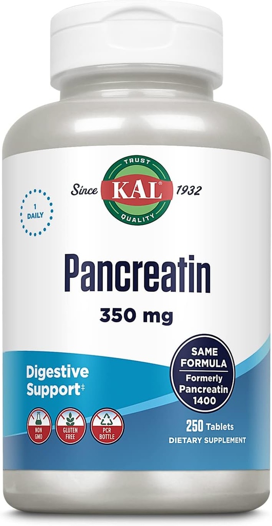 KAL Pancreatin 350mg, Digeptical Enzymes for Women and Men, Pankreatic Enzimes for Digetical Health Support, Gluten Free, Nun-GMO, Rapid Disintegration, 60- Day Affitee, 250 Pelayan, 250 Tablet