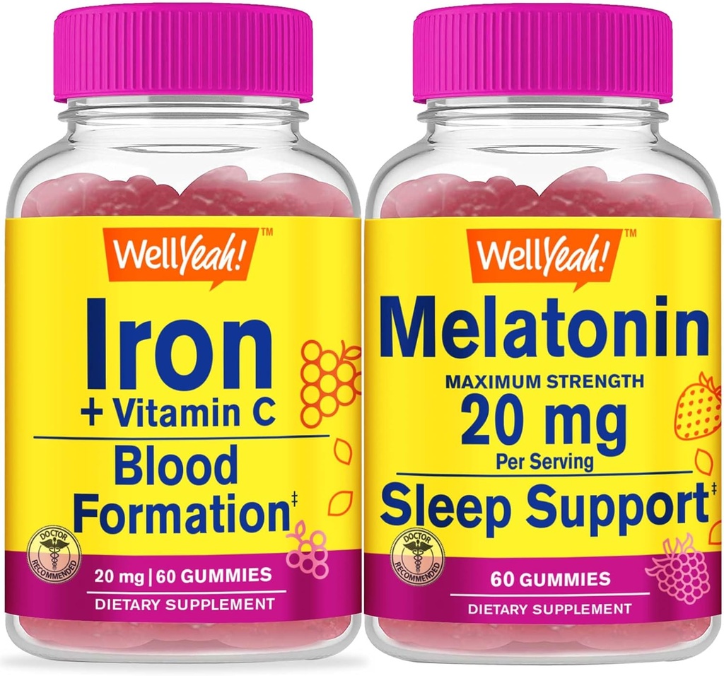 WellYeah Iron + Vitamin C + Melonatin 20mg, Gummies Bundle - Great Tasting, Vitamin Suplemen, Gluten Bebas, GMO Bebas, Gummy Chewable