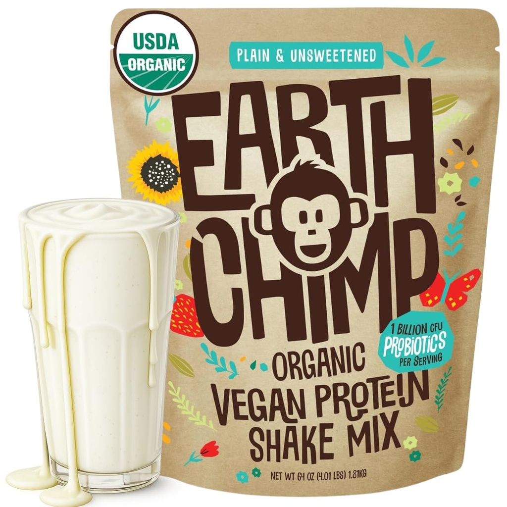 EarthChimp Organic Vegan Powder - dengan Prograsi- Non GMO, Dairy Free, Non Whey, Plant Based Protein Poader for Women, Gluten Free - 52 Servings, 64 Oz (Plain & Unsweetened)