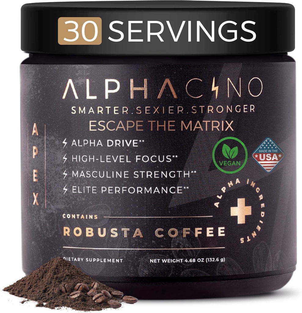 Alphacino Apex Instant Mushroom Coffee - Black Maca Ashwagandha + Energy Chowder for Men, I deal for Muscle Building Growth, Sharp Focus & Stamina, Mins Energy Powder Minum Mix, S7- 30SV (4.68 oz)