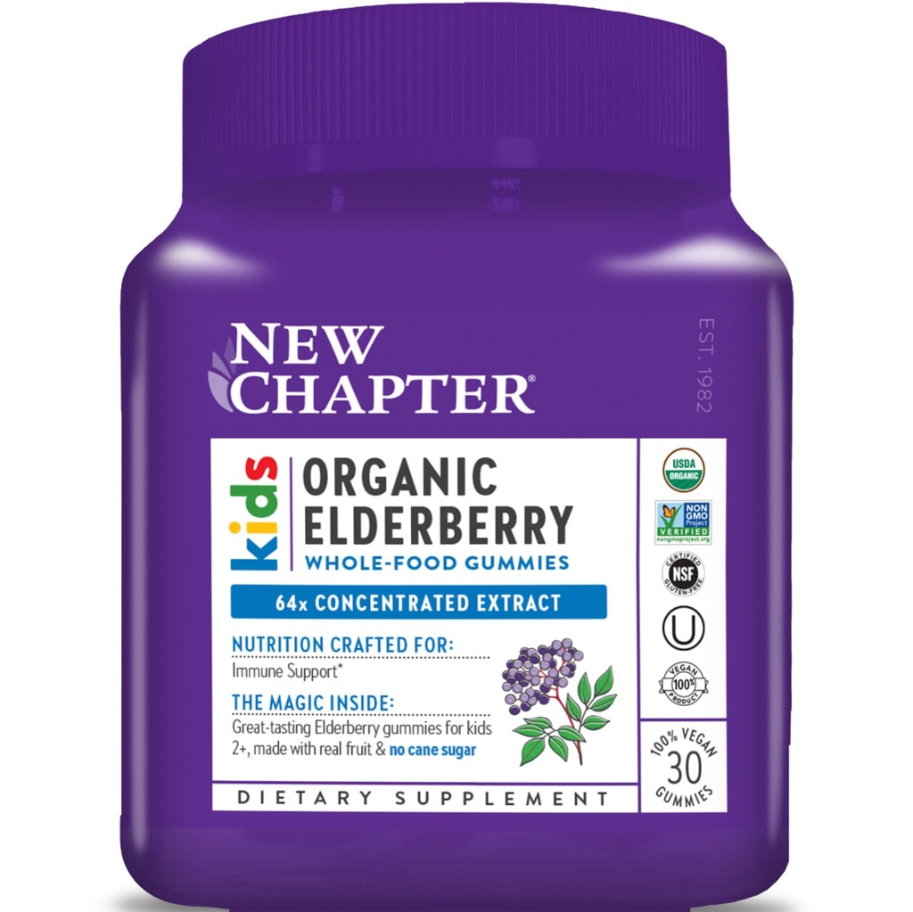 Bab Baru Elderberry Gummies untuk Anak 2 +, USDA Organik, 64x Konsentrat Elderberry Murni untuk Dukungan Imune, Great Tasting Whole-Food Gummies, Vegan & None-GMO, 30 ct