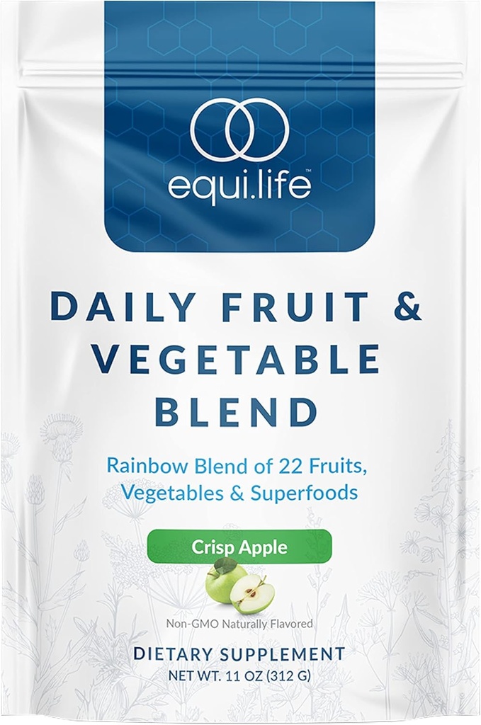 Equilife Daily Fruit & Vegetable Blend, Superfood Antioksidant Suption, Crisp Apple Flavor dengan Vitamin C, Fiber, dan 9 Escule Amino Acids, Supports Energy, Low Sugar, Vegan, 30 Servis