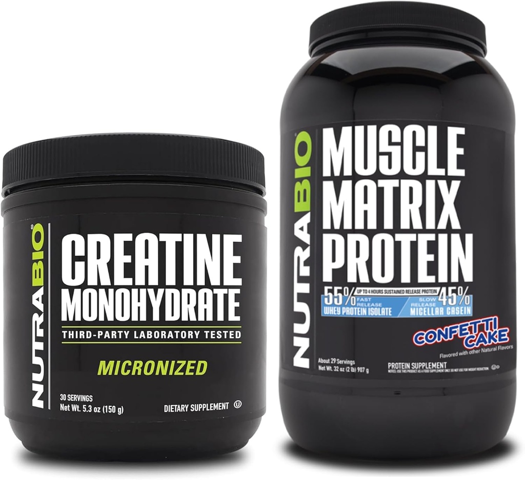 NutraBio Creatine Monohydrate, Unflashted, (150 g) dan Muscle Matrix Protein Powder, (Confetti Cake) Pasokan Bundle - Muscle Energy, Maximum Growth, Recovery, and Power
