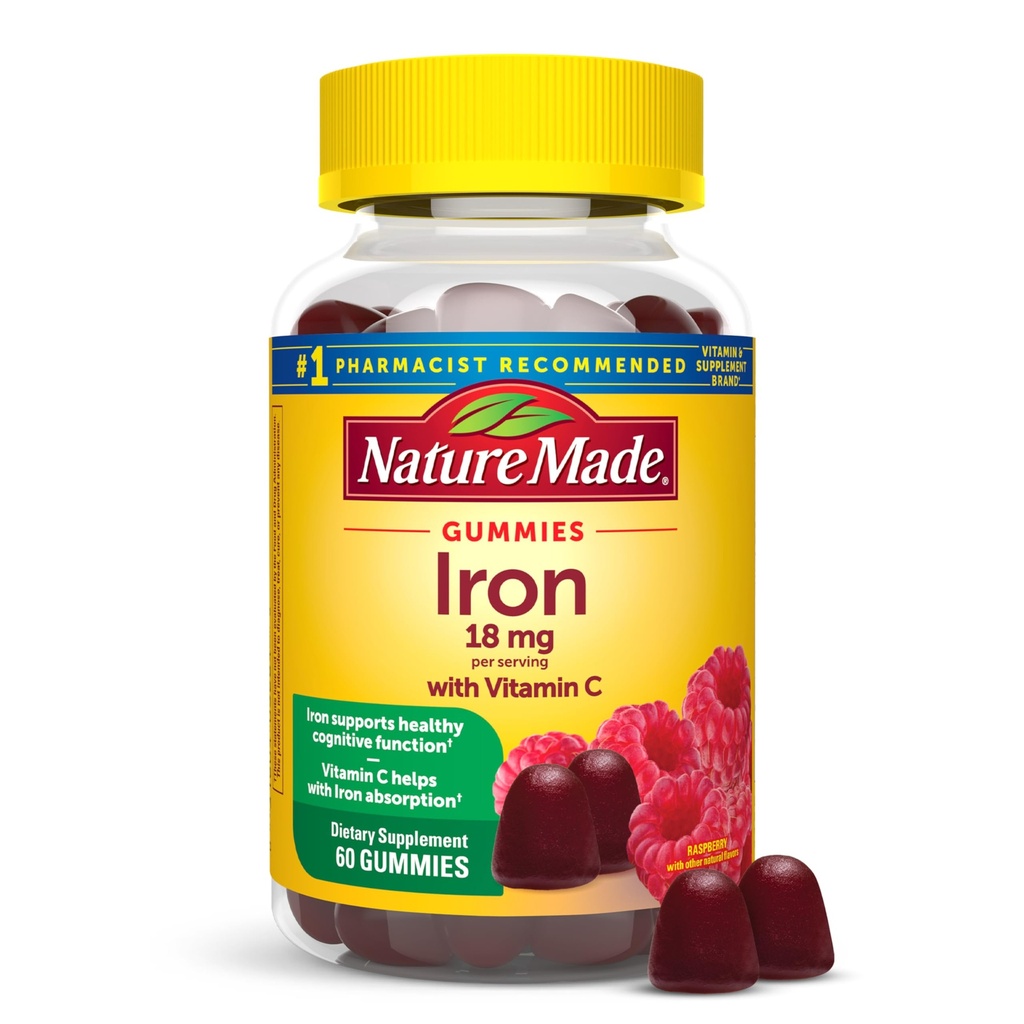 Nature Made Iron 18 mg per servis with Vitamin C, Dietary Suplemen untuk Red Blood Cell Support, 60 Gummies, 30 Day Suppply