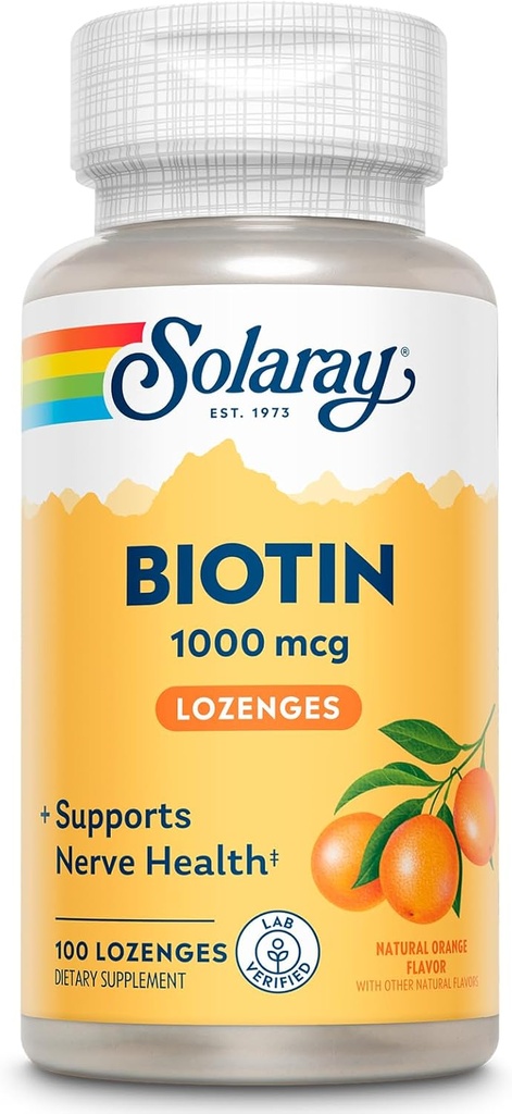 SOLARAY Biotin 10000 mcg Lozenges - Biotin Suplemen dengan Vitamin A - Nerve Fungsi dan Energi Cellular - Natural Orange Juice Flavor, Great Taste, 60- Day Afficitee, 100 Serations, 100 Lozenges