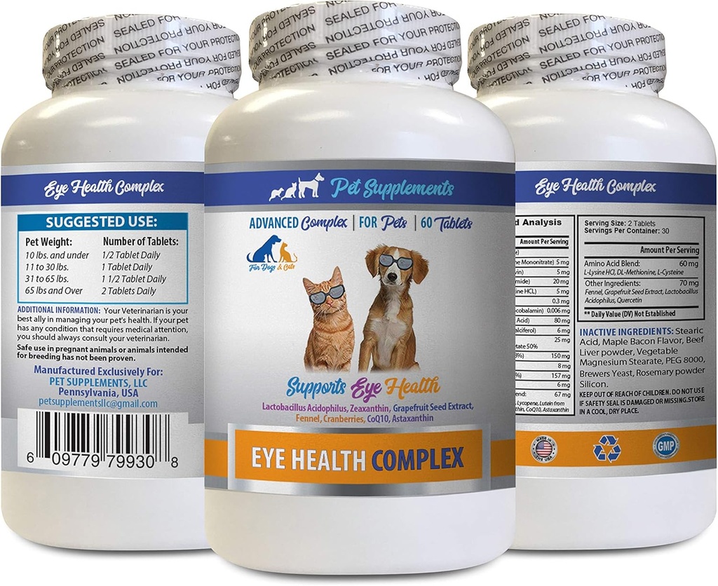 Dog Eye Vitamin - PET Eye Health Complex - Dogs and Cats - Support Eye Vision - AStaxanthin for Dogs, Eye Vision Suplemen for Dogs and Cats, Eye Health Vitamin Lutein and zeexanthin 1Bot 60TAbs