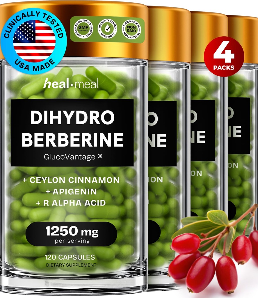 Tambahan Dihydroberberine - Tambahan Dehydro Berberine - Suplemen Super Berberine dengan Ceylon Cinnamon & R Alpha Lipoic Acid & Apigenin - Hydroberberine 480 caps (4 Packs)