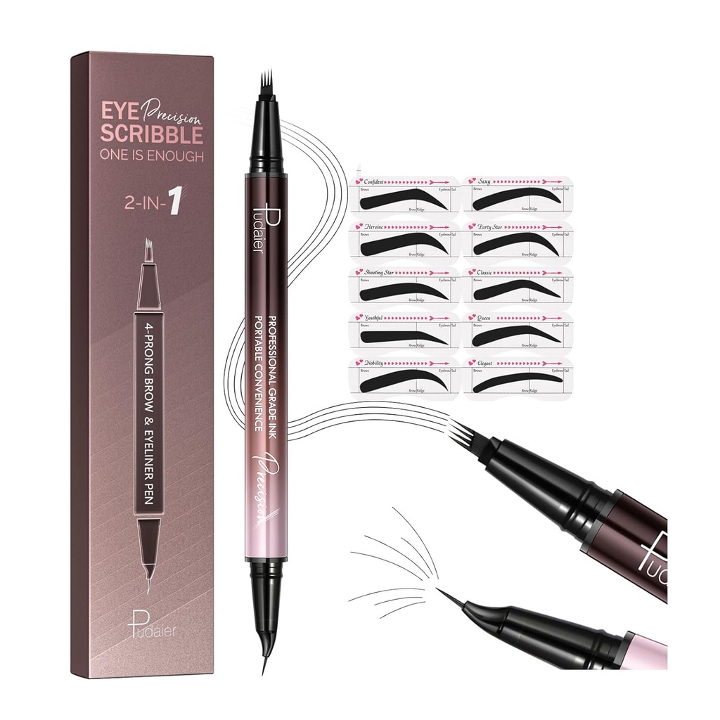 2-in-1 Curved Eyebrow Pen dan Eyeliner dengan 10Pcs Blow Stalensil, Microblading Eyebrow Pencil dengan 4 Fork-Tip dan Curved Precise Tip, Waterproof dan Long Lasting Eyebrow Pencience Bagi Perempuan, Soft Black