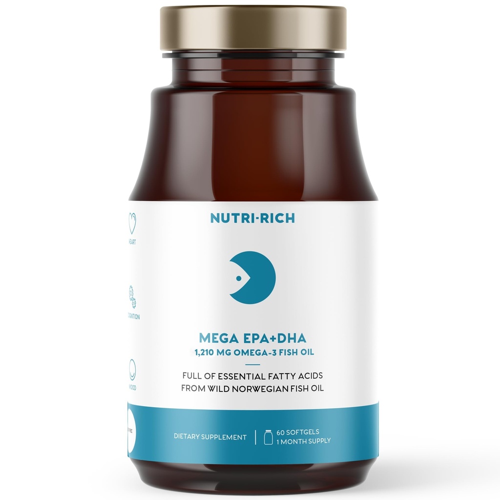 Nutri- Rich Omega-3 Fish Oil 1210mg - EPA & DHA for Heart, Brain & Joint Health - Burp- Free, Lemon Flavor, Gluten & Soy Free, Third- Party Tested (60 Softgels)