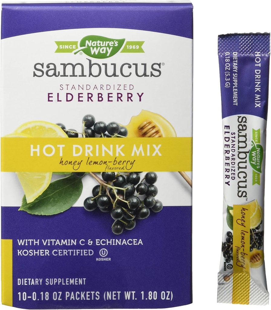 Alam Cara Alam Sambucus Soothing Elderberry Hot Drink Mix, dengan Vitamin C & Echinacea, 10 Count, Honey Lemon- Berry Flavored, 10 Count (Paket 12)