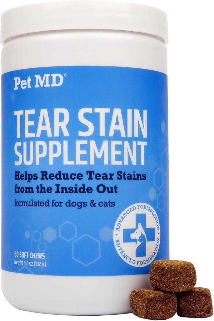 Pet MD Tear Stain Remover for Dogs & Cats - Antioksidant Eye Care Suplemen dengan Lutein, Cranberry, & Omega 3 & 6 - Cat & Dog Tear Sound Chews for White & Light Fur - 60 ct