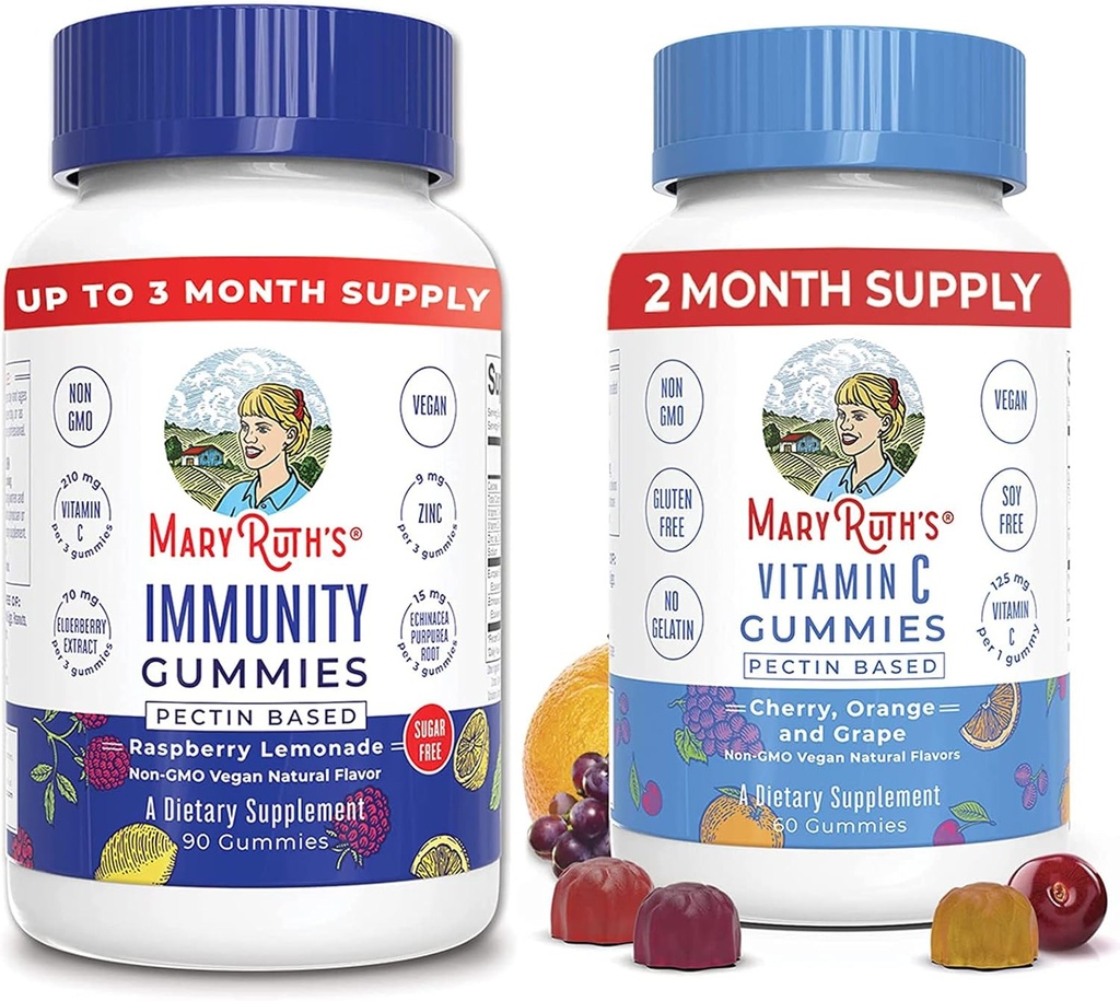 MaryRuth Organics Elderberry Gummies for Imune Support (Sugar Free) & Vegan Vitamin C Gumin Bundle 124; Mendukung Fungsi Imune 124; Formula untuk Mendukung Overall Health untuk Orang Dewasa & Anak