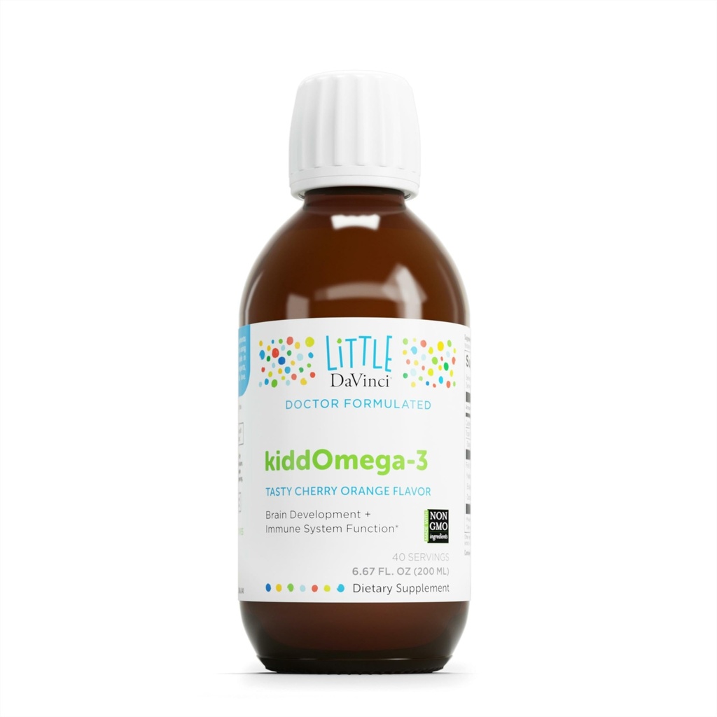 DAVINCI Labs kiddOmega-3 - Liquid Omega-3 Tambahan untuk Anak - untuk Sistem Imune, Fokus dan Dukungan Otak * - dengan Monk Buah, DHA, EPA dan More - Cherry Orange Flavor - 200mL