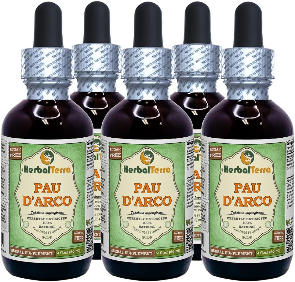PAU d 'arco (Tabebuia Impetiginosa) Glycerite, Dried Bark Alcohol- Free Liquid Extract (Nama Merek: HerbalTerra, Proudly Made in USA) 5x2 Fl.oz (5x60 ml)