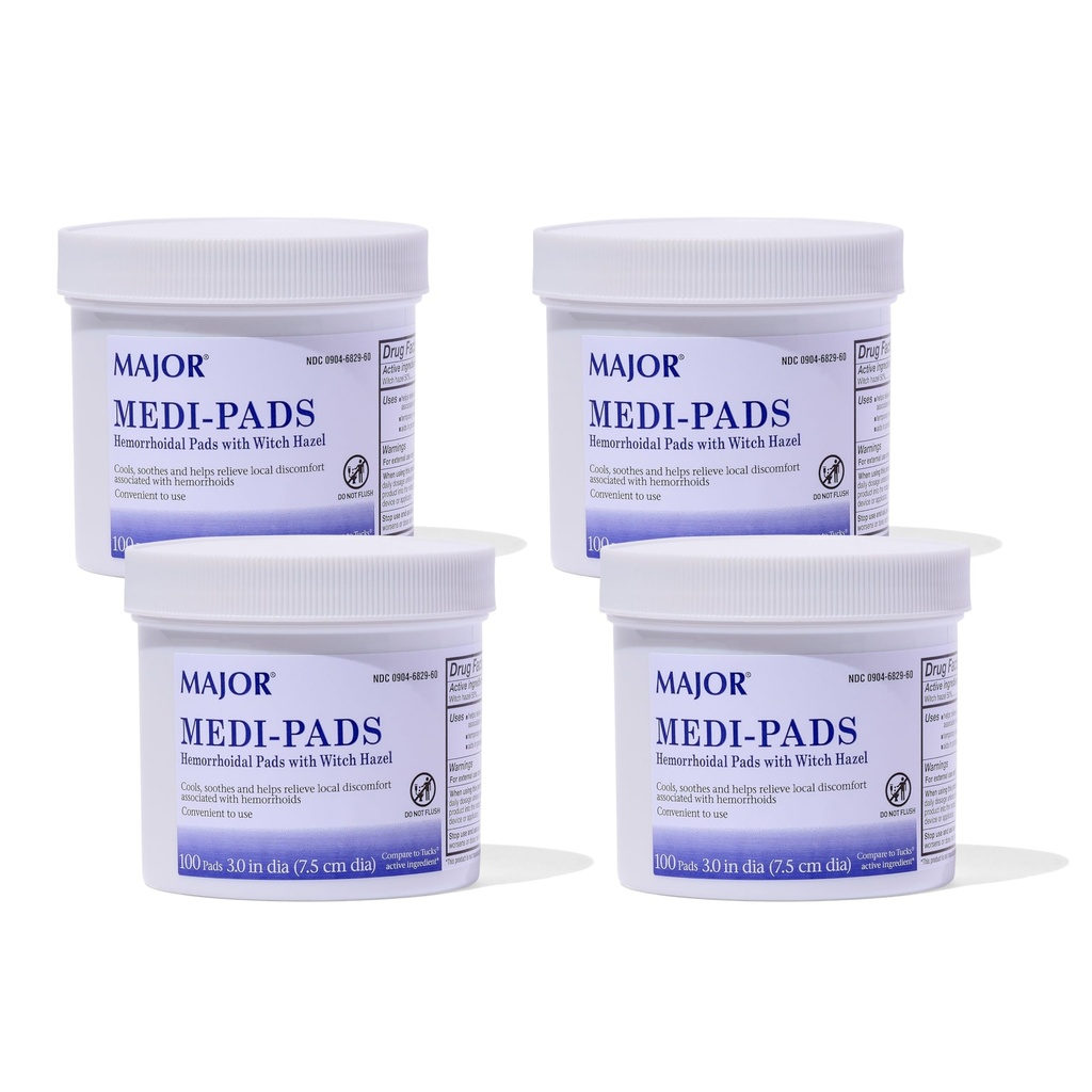 MAJOR Medi- Pads - Heembehoidal Hygienic Cleansing Witch Hazel Pades - Cooling Relief dengan Aloe - 100 Count Jar (4 Pack)