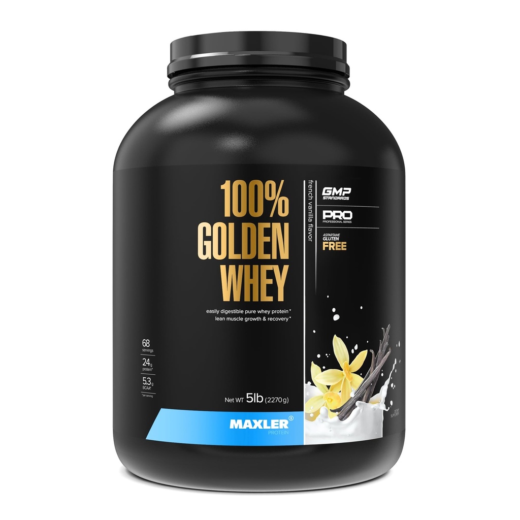 Maxler 100% Golden Whey Protein - 24g dari Protein per Serving - Premium Whiy Protein Powder for Pre Post Workout - Fast- Absorbing Whey Konsentrat Isolysate Hydrolysate Blend - French Vanilla Protein 5lb