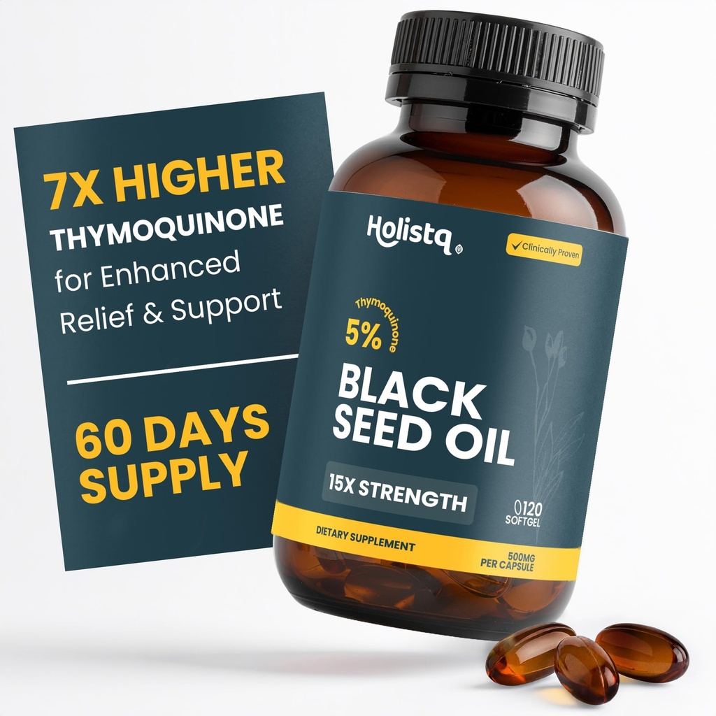 Holistiq Black Seed Oil Organik Menekan Cushiles 124; 5% Thymoquinone 14; Non-GMO & Vegan & Vegan 124; Nigella Sativa Black Cumin Seed Oil, Omega 3 6 & lt; / i & gt; Dukungan kekebalan tubuh - 120 Softgels, 2 Bulan Suppply