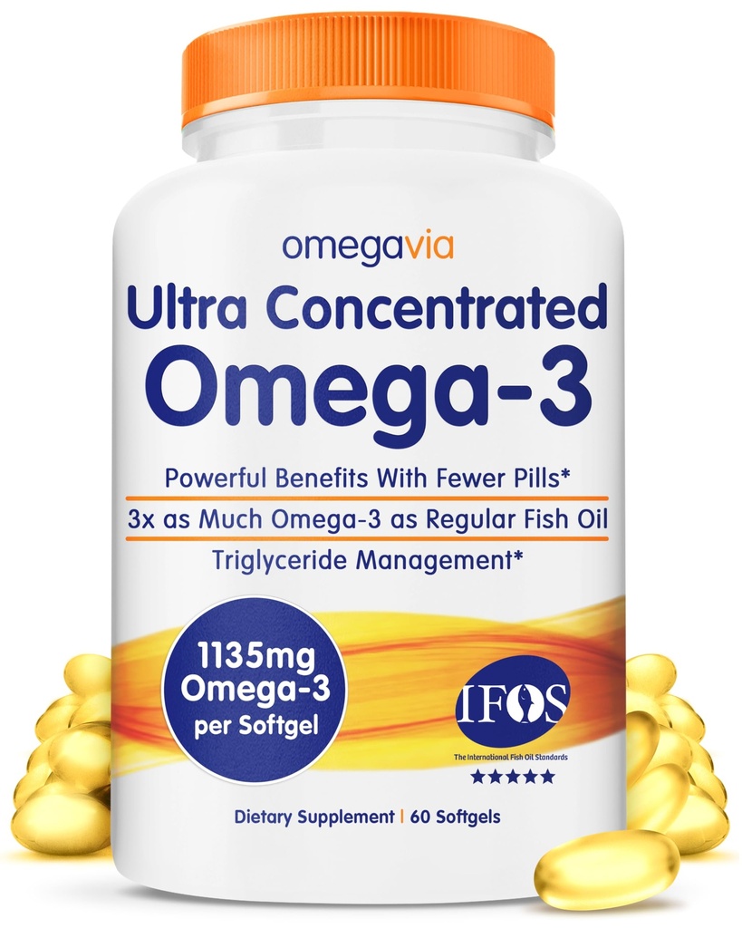 OmegaVia Ultra terkonsentrasi Omega 3 Fish Oil Burpless, 60 Softgeels, Triple Energy Omega 3 Oil Suplemen, 1135 mg Pure Omega3, No Fishy Burps, High EPA DHA DPA, IFOS 5 - Star