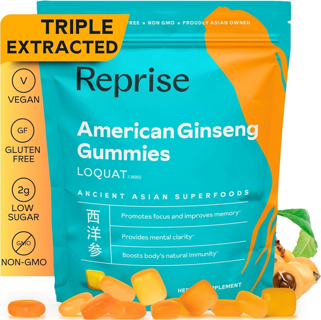Amerika Ginseng Energy Boost Gummies - All-Natural Full-Potency American Ginseng, Helping Elevate Energy, Focus, and provides Immune Dukung, Loune-Sugar, Vegan, 45 Gummi, Loquat Flavor