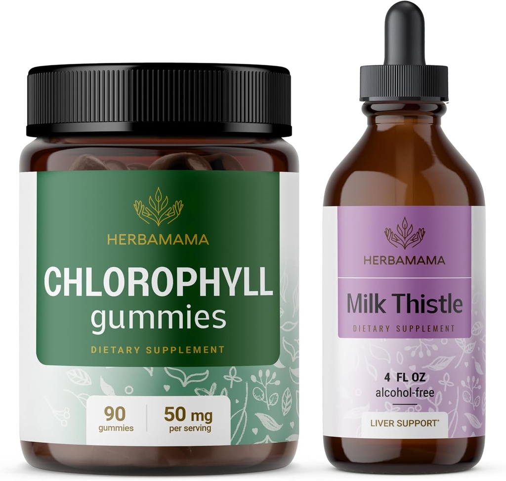 HERBAMAMA Chlorophyll dan Milk Thistle Kit - Bundle of 50 mg Chlorophill Gummies & Milk Thistle Extract Tincture 4 - Vegan, Non-GMO, Sugar & Alcohol- Free - 2 Pack