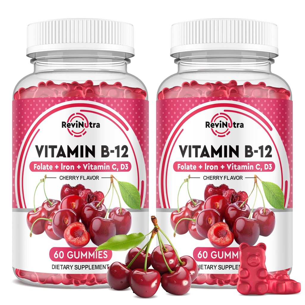 Vitamin B12 Gummies - 5000 mcg Methylcobalamin dengan Besi, Vitamin C, D3 & Folate, Dukungan Energi dan Metabolisme, Imune, B-12 Suplemen Kompleks Chewable untuk Pria & Women, 120 Count, 2 Pack