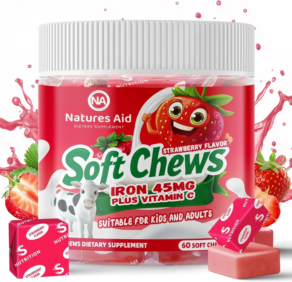 Tambahan Besi Chewable untuk Perempuan & Pria dan Anak - Strawberry Flavor, Iron Vitamin C Soft Chew untuk Max Absorpsi, Besi sebagai Ferrous Fumarate, Ideal untuk Deficiency Besi, 2 Bulan Suppply