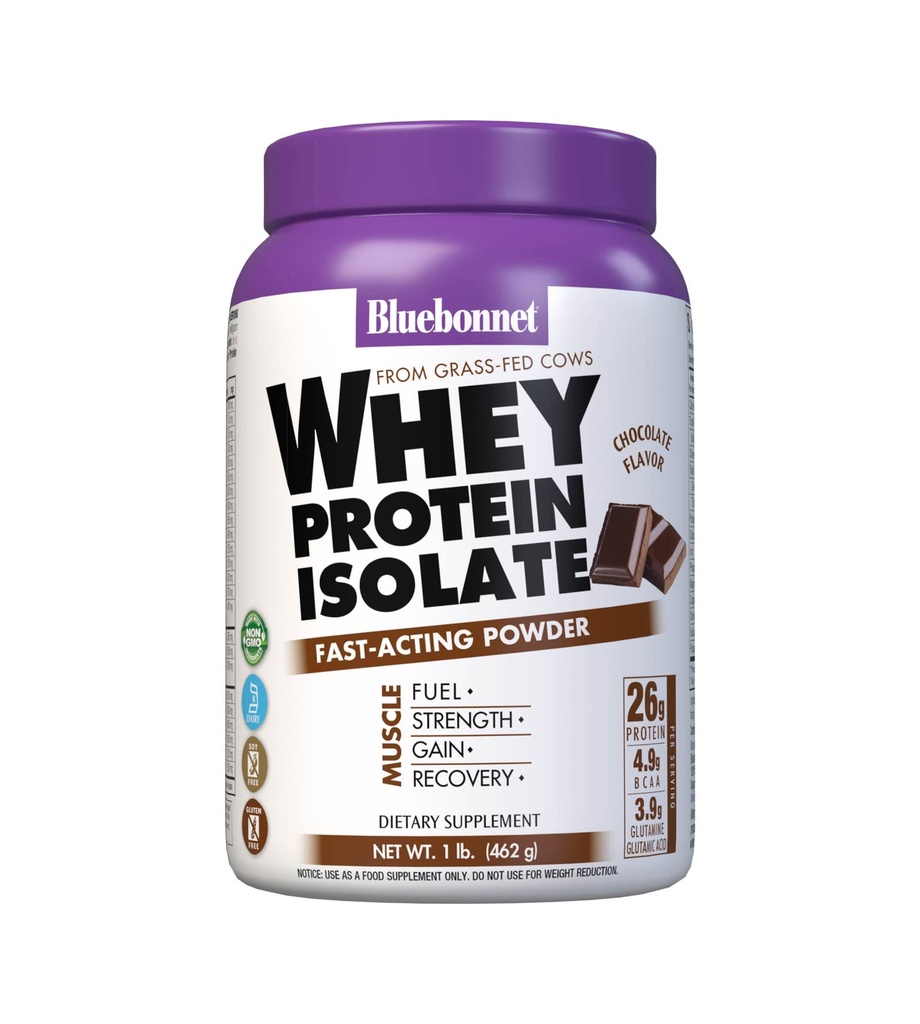 Bluebonnet Nutrition Whey Protein Isolat, Whiy From Grass Fed Cows, 26g of Protein, No Sugar Added, Gluten Free, Soy free, Kosher Dairy, 1 Lb, 14 Servings, Chocolate Flavor