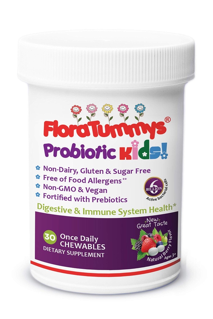 Anak-anak FloraTummchy Probiotic Prebiotik: Non- Dairy, Gluten & Sugar- Free, Peanut & Soy Free, Non-GMO, Diuji & Free of Food Allergens, Vegan, Kosher, Berry Flavor (1 Botol)