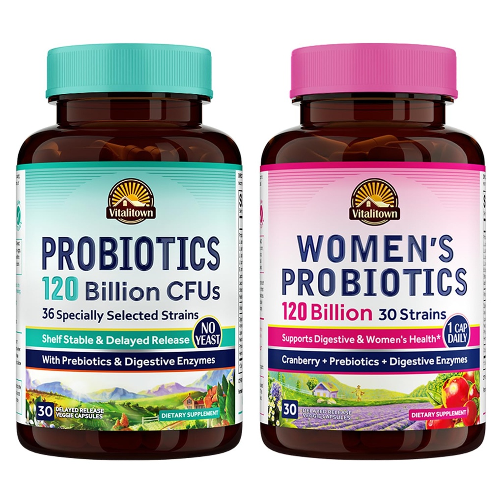 Vitalitown Probiotic Bundle (Pack of 2) Progories 120 Miliar CFUs (Item 1) & Women Progories (Item 2) Shelf Stable, Once Daily 124; Gut, Ammune, Viginal Health 124; 60 Capsules 124; 30 Day Suply